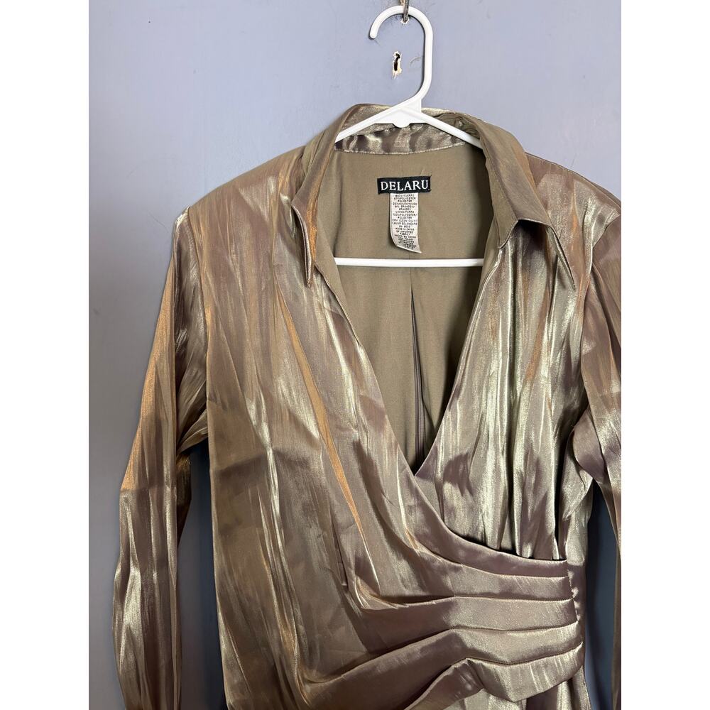 Delaru Womens Metallic Gold Wrap Blouse Long Sleeve Size 10